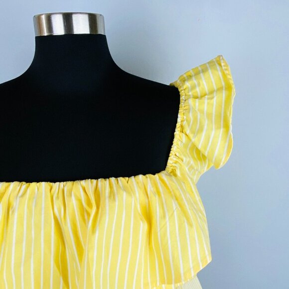 Maeve By Anthropoloigie Top Crop Womans Yellow White Stroped Ruffle One Sleeve S - Picture 2 of 5